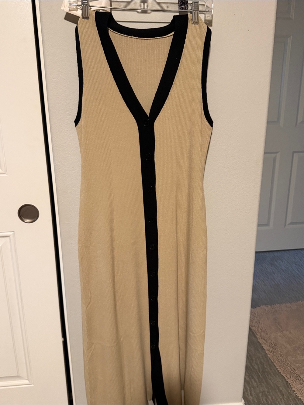 Summer  Beige Knit Button-Front Dress with Black Trim - Picture 4 of 4